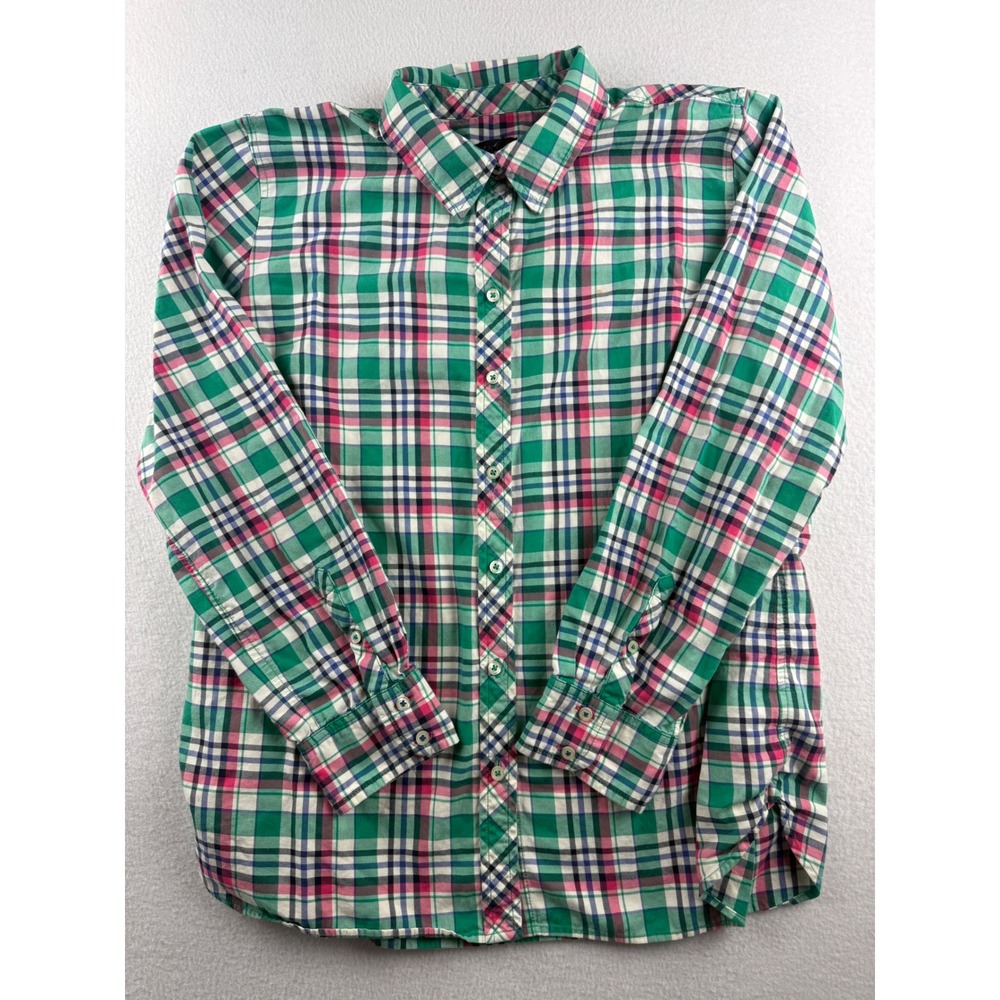 Talbots Womens Large Plaid Button Down Shirt‎ Green Pink Long Sleeve Cotton L